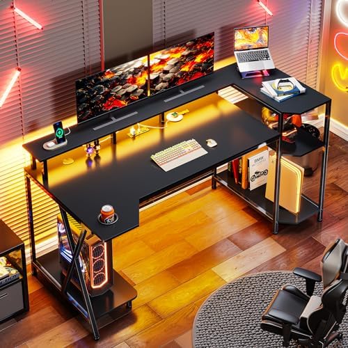 SEDETA Gaming Desk 55'' with LED Lights and Storage Shelves, Black - Image 3