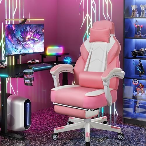 Big and Tall Gaming Chair for Adults, 330lbs Heavy Duty Computer Chair with Footrest & Massage Lumbar Support, Wide Seat High Back Reclining Desk Chair, 360° Swivel, Pink - Image 2