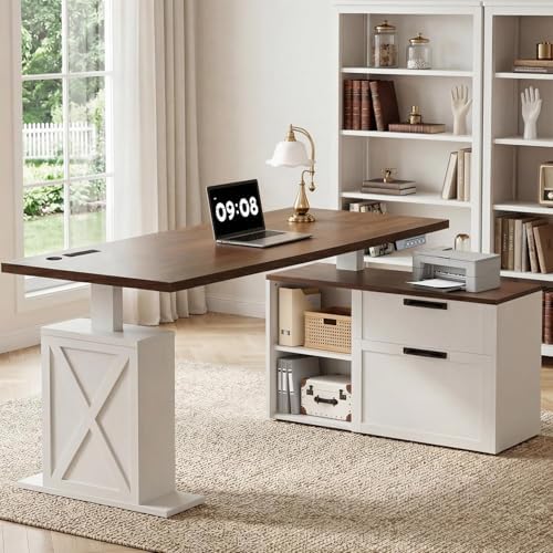 67" L Shaped Standing Desk with Drawers Electric Corner Desk White by Homiflex