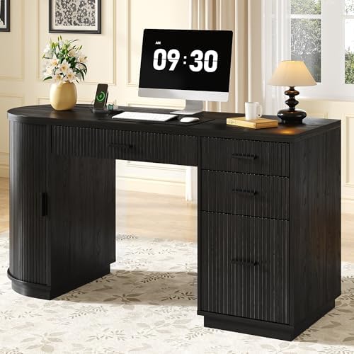 ONBRILL 58 Inch Fluted Executive Desk with File Drawer, Black by ONBRILL