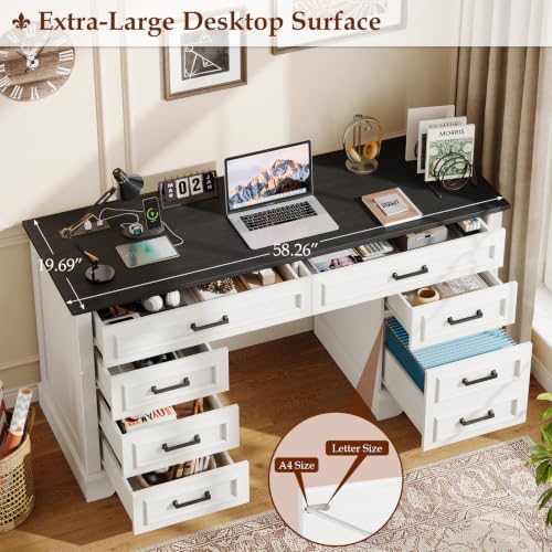 Vabches Farmhouse Executive Desk with Charging Station, White and Brown - Image 6