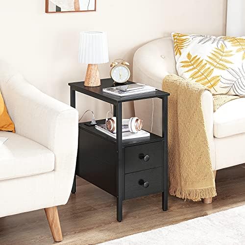 HOOBRO Set of 2 End Tables with Charging Station, Narrow Side Table with Drawers & USB Port & Power Outlets, Nightstand for Small Spaces, Living Room, Stable and Sturdy, Black BK541BZP201 - Image 5