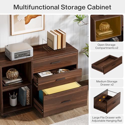 Tribesigns 63" L Shaped Desk with File Cabinet, Large Executive Office Desk with Rolling Filing Cabinet, Long Computer Table with Drawers and Shelves, Business Furniture Set for Home Office, Walnut - Image 6
