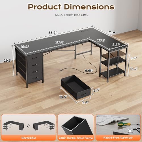 Huuger 55 Inch L Shaped Desk with Fabric Drawers, Reversible Computer Gaming Desk with Power Outlets and USB-C Port, Adjustable Side Storage Shelves, for Work Study Corner Home Office, Black - Image 3