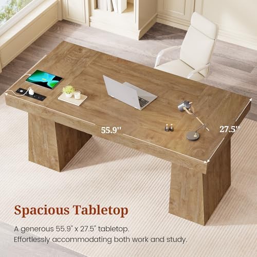 UPOSOJA 55.9 in Executive Desk with Power Outlets, Modern Home Office Desk with Storage Cabinet, Wood Computer Desk Business Workstation Desk Conference Table, Oak (Storage Cabinet) - Image 5