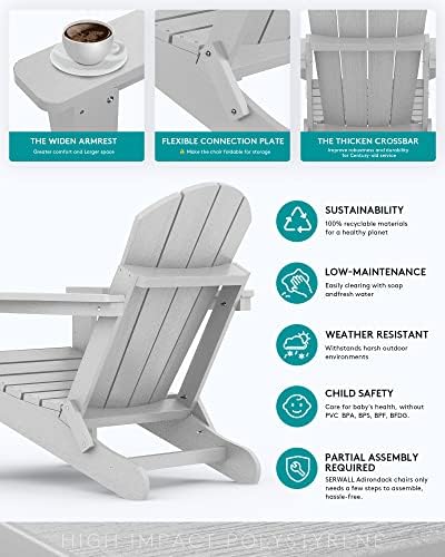 SERWALL Folding Adirondack Chair Set of 6 with Cup Holder - Light Gray - Image 5