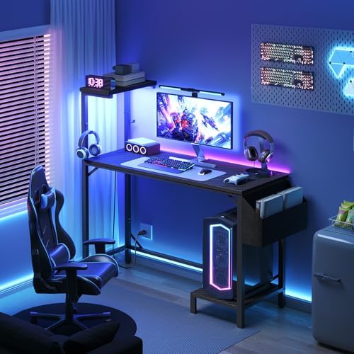 MAHANCRIS Gaming Desk, Computer Desk with Charging Station and LED Light, Small PC Desk with Side Storage Bag and Shelves, 2 Hooks, for Living Room, Home Office, Bedroom Black CDHS134E01 - Image 2