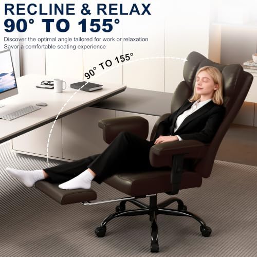 Misolant Big and Tall Office Chair with Footrest, High Back Executive Desk Chair with Adjustable Lift Armrest, 155°Recline，Lumbar Support Pillow, Faux Leather Gaming Chairs for Home or Office Brown - Image 4