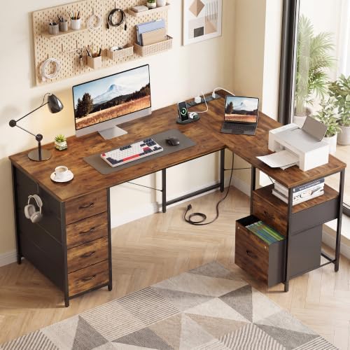 55 Inch L Shaped Office Desk with 6 Drawers & Type-C Port, Rustic Brown - Image 2
