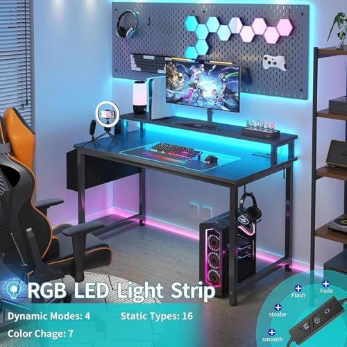 Lufeiya Black Gaming Desk with LED Lights and Power Outlets, 40 Inch Teen Writing Study Table Home Office Desks with Monitor Stand, Computer Desk with Charging Station USB Port, Black - Image 4
