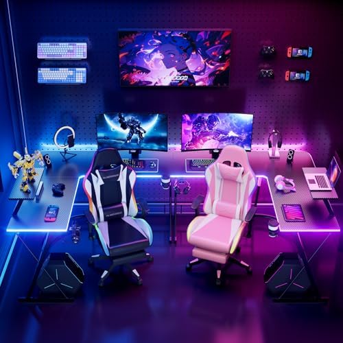 Mr IRONSTONE Gaming Desk with LED Lights and Speakers, L Shaped Desk Corner with Cup Holder & Headphone Hook, Computer Desk Home Office Desks with Monitor Stand, Carbon Fiber Surface, Black 51 Inch - Image 2