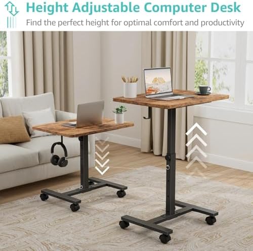 WINAZ Small Portable Laptop Rolling Desk - 24 Inch Mobile Computer Desk Adjustable Height on Wheels for Small Spaces, Couch Kids Desks End Side Table, Teacher Podium for Classroom, Rustic Brown - Image 4