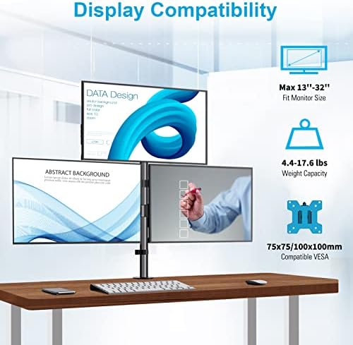 MOUNTUP Triple Monitor Stand, Height Adjustable Monitor Desk Mount Fit for 17 to 32 Inch Computer Screens, Stacked Monitors Arm for 3 Monitors, with C-Clamp and Grommet Base, up to 17.6lbs per Arm - Image 2