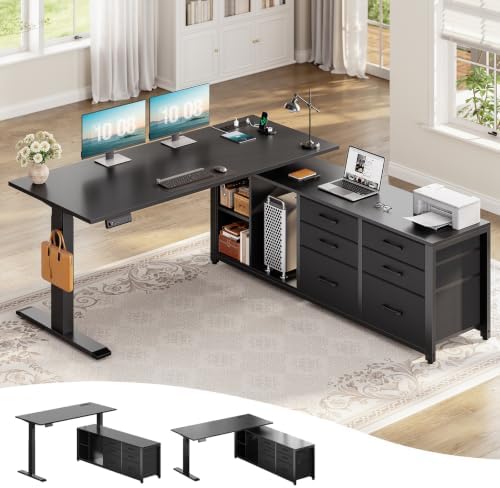 SEDETA L Shaped Electric Standing Desk with 6 Fabric Drawers, 55" x 55" Height Adjustable Office Executive Desk with Storage Shelves, Stand up Computer Desk with Power Outlet (Black) by SEDETA