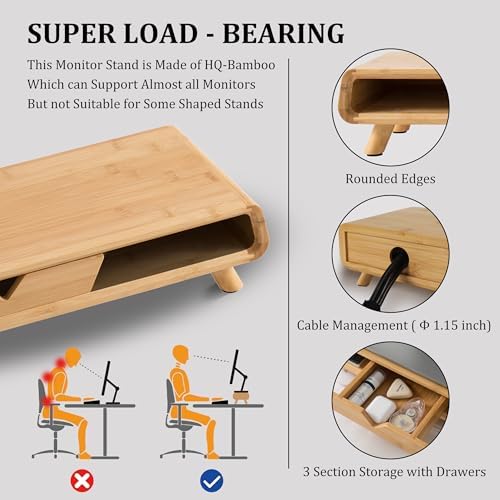 Homerays Bamboo Monitor Stand Riser, No Assembly Required Exquisite Monitor Stand with Drawer Ergonomic Height Wood Monitor Stand - Image 4