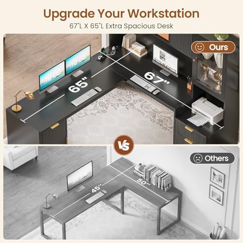 SEDETA 67" x 65" L Shaped Desk with Hutch, RGB LED Corner Computer Desk with Power Outlets, Fluted Home Office Desk with File Drawer, Storage & Glass Display Cabinets for Gaming & Working, Black - Image 3