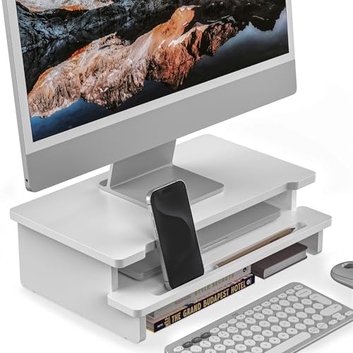 16.5” Bamboo Monitor Stand with Phone & Tablet Holder Desk Shelf by WELLWENG
