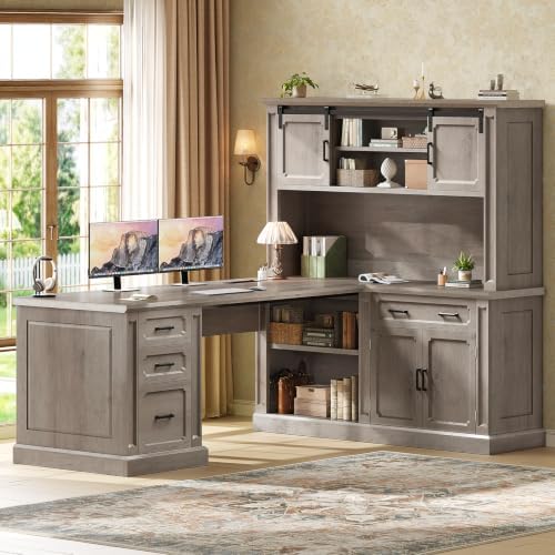 SEDETA 67" Farmhouse Executive L Shaped Desk with Hutch & Storage by SEDETA