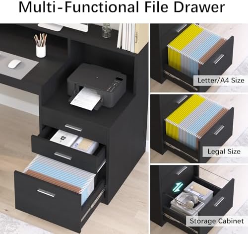 65" Black Computer Desk with 3 Drawers & Printer Shelf for Home Office - Image 5