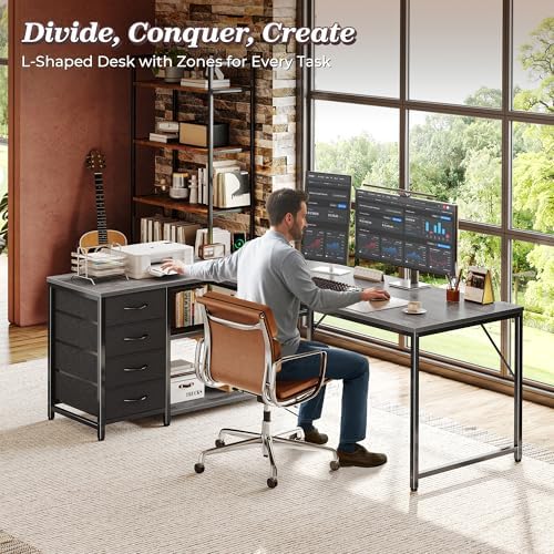 PRAISUN 61" L Shaped Desk with Power Outlets & 4 Drawers - Image 2