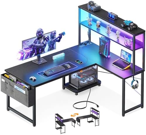 ODK 43" L Shaped Gaming Desk with Shelves, LED & Outlets, Black by ODK