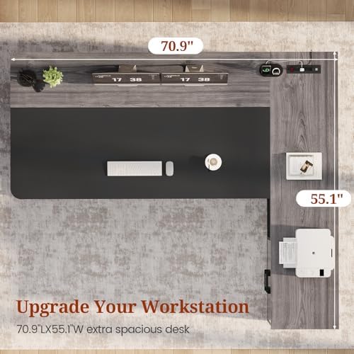 UPOSOJA 71" Executive Desk, Large Office Desk with Drawers & Storage Shelves, Modern L Shaped Computer Desk Corner Desk with Power Outlets, File Cabinet, Business Furniture Desk Workstation (Grey) - Image 3