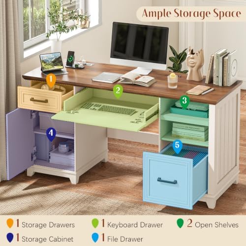 Vabches 55" Farmhouse Executive Desk with Charging Station, Rustic White - Image 5