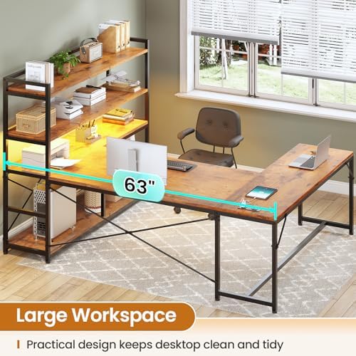 SEDETA L Shaped Desk with Storage Shelves, 63” Reversible U Shaped Office Desk, Gaming Desk with Power Outlet and LED Lights for Home Office, Rustic Brown - Image 5