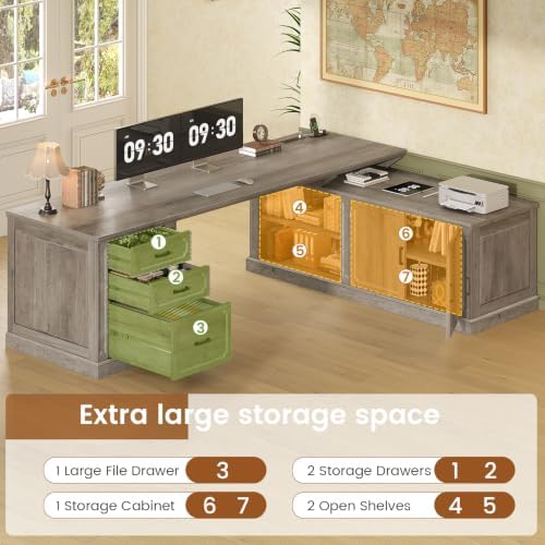 SEDETA Farmhouse L Shaped Desk with Drawers, 70.9" Home Office Desk with Storage Cabinet and Storage Shelves, L Shaped Computer Desk with Power Outlet，Gray - Image 5