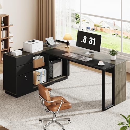 70" Executive Desk with Cabinet Storage, L-Shaped Office Desk with 3 Drawers and Shelves, Large Computer Desk Business Furniture for Home Office (Gray & Black) - Image 3