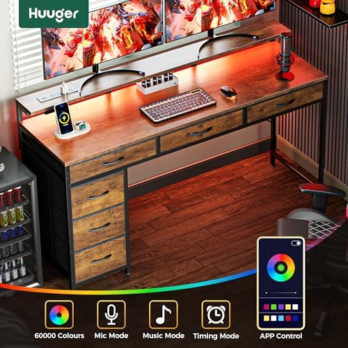 Huuger Gaming Desk with 6 Drawers, Computer Desk with LED Lights Power Outlets and Type-C, 55 Inch Office Desk with Storage, Monitor Stand, Writing Desk for Home Office, Rustic Brown, 1CD102F - Image 4