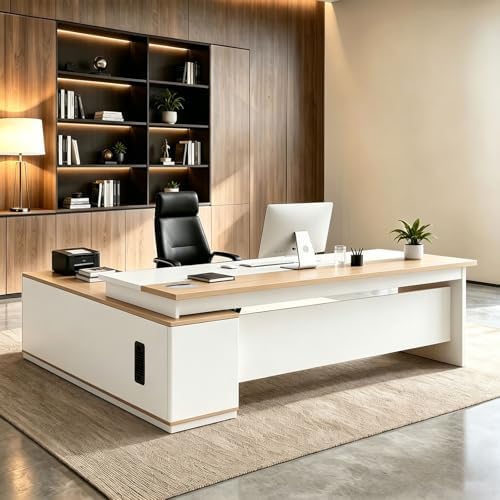 L Shaped Executive Desk with Drawers, Large Wood Workstation, Modern Executive Office Furniture for Home Office and Business Workspace, Multiple Sizes & Colors by Unknown