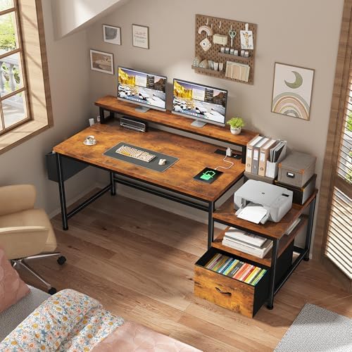 EnHomee 56.5" Office Desk with Drawers & Printer Space for Home Work,Brown - Image 5