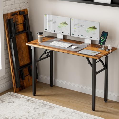 Frylr Small Folding Computer Desk – 43.3 Inch Portable Table for Craft and Study, Lightweight Desk for Small Spaces, Foldable Laptop Table Built-in AC/USB Outlets for Convenience, Rustic Brown by Frylr