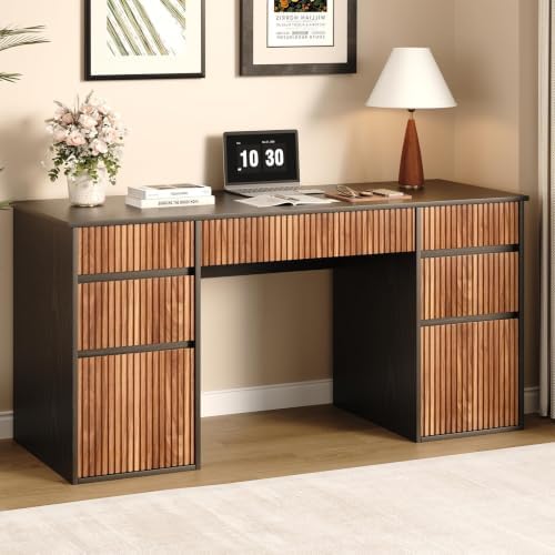 Desk with Drawers, 58 Inch Executive Office Desk with File Drawer, Black by 4EVERWINNER