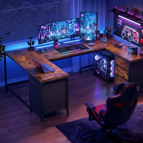 DurayLoly 67" Large Gaming Desk with Power Outlets for Bedroom,Brown by Durayloly