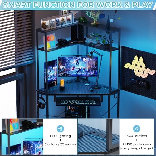 Corner Desk with Hutch and LED Light, Keyboard Tray, Carbon Black - Image 4