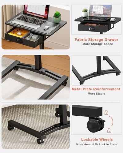 Rolling Adjustable Height Computer Desk With Drawers, Small Mobile Laptop Desk Cart On Wheels For Small Spaces Home Office, Portable Sitting Laptop Table For Bed Couch Load Up To 60LBS, Sturdy, Black - Image 6