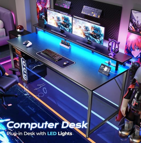 PRAISUN 55 inch Gaming Desk, LED & Power Outlets, Monitor Stand, Black - Image 4