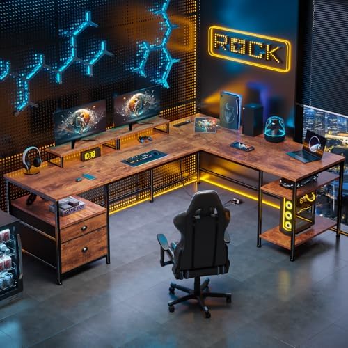 Furologee 66” L Shaped Desk with Power Outlet, Reversible Home Office Desk with File Drawer, 2 Monitor Stands, Storage Shelves, Corner Computer Table for Gaming, Writing, Rustic Brown - Image 5