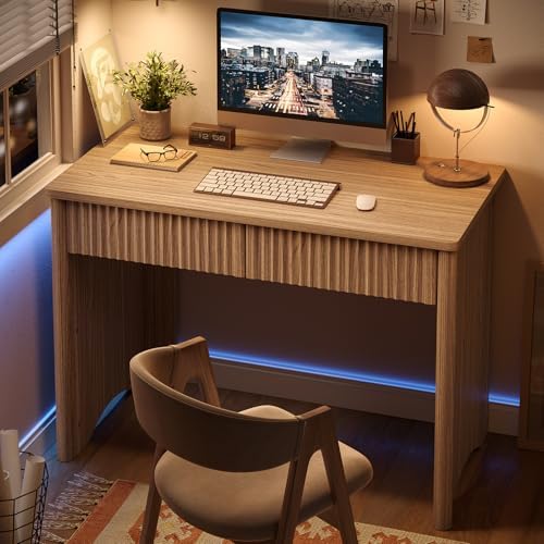 Bestier 40-Inch Fluted Wood Computer Desk with 2 Silent Drawers, Light Wood - Image 4