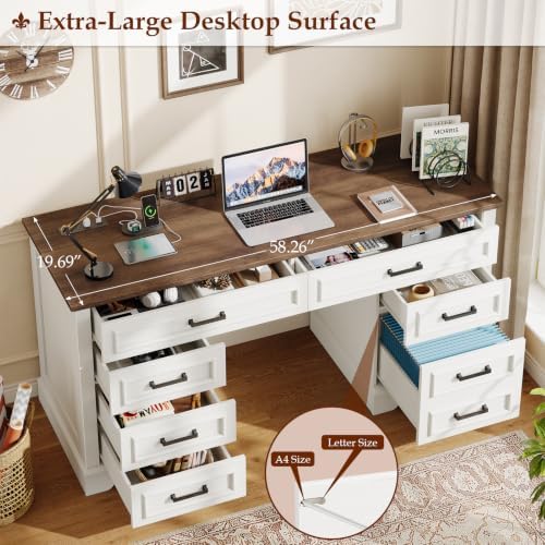 58" Executive Desk with 7 Drawers, Large Computer Desk with Charging Station , Wood Home Office Desk with File Drawer for Letter/A4 Size Hanging Files for Home Office, Rustic White and Rustic Brown - Image 6
