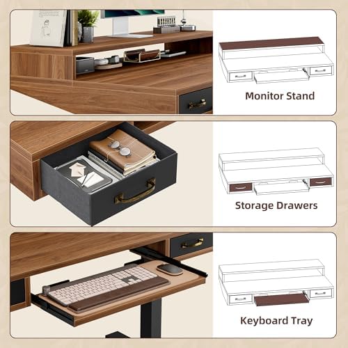 TIQLAB Standing Desk with Two Drawers, Stand Up Standing Desk Adjustable Height, Electric Sit Stand Table with Storage Shelf and Splice Board, with LED Light, 55 * 28 inch, Black Walnut - Image 6