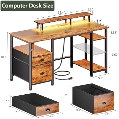 Furologee 51" Computer Desk with Outlets & LED, Desk with Drawers, Brown - Image 2