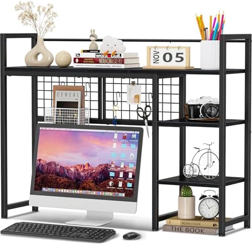 Snughome Desk Shelf, 38.6" Desktop Organizer Shelf, Desk Hutch for Computer Monitor, 4 Tier Desk Display Rack with Pegboard Hooks Set, Wood Desktop Bookshelf for Home Office Dorm, Black by Snughome