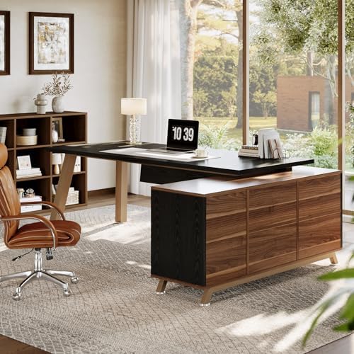 Tribesigns 78.7" L-Shaped Executive Desk, Modern Office Desk with File Drawers & Storage Shelves, Large Computer Desk with 55-Inch Cabinet, Business Workstation for Home Office, Black & Walnut - Image 4