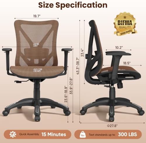 Ergonomic Office Chair, Mesh Computer Desk Chairs with BIFMA X5.1 Certified, Adjustable Lumbar Support, 3D Arm, Tilt Back, Wide Seat, Comfy Swivel Work Task Chair for Company and Home (Sunset Orange) - Image 3
