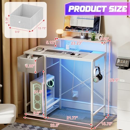 X-cosrack 33.5" Small Computer Desk with Monitor Stand & Outlets, Small Gaming Desk with LED Light & CPU Stand, Teen Study Writing Table with Storage Drawer, Side Hooks for Bedroom, Home Office White - Image 3