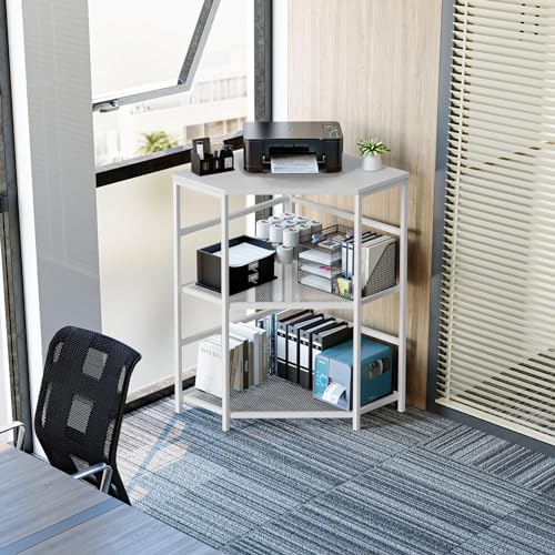 EasyCom 20"x20" Corner Printer Stand with Charging Station, Adjustable Height Storage Shelf for CPU Shredder, Triangle Corner Coffee Table for Small Space Kitchen Office Living Room-White - Image 2