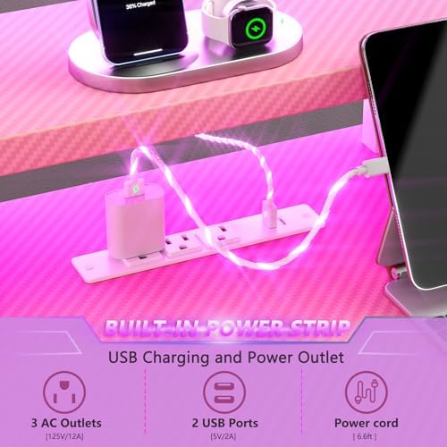 Korfile 40 Inch Pink Gaming Desk with Power Outlet & LED Lights, Corner Computer Desk with 3 Tiers Storage Shelves, L Shaped Gaming Desk with Monitor Stand for Bedroom - Image 5